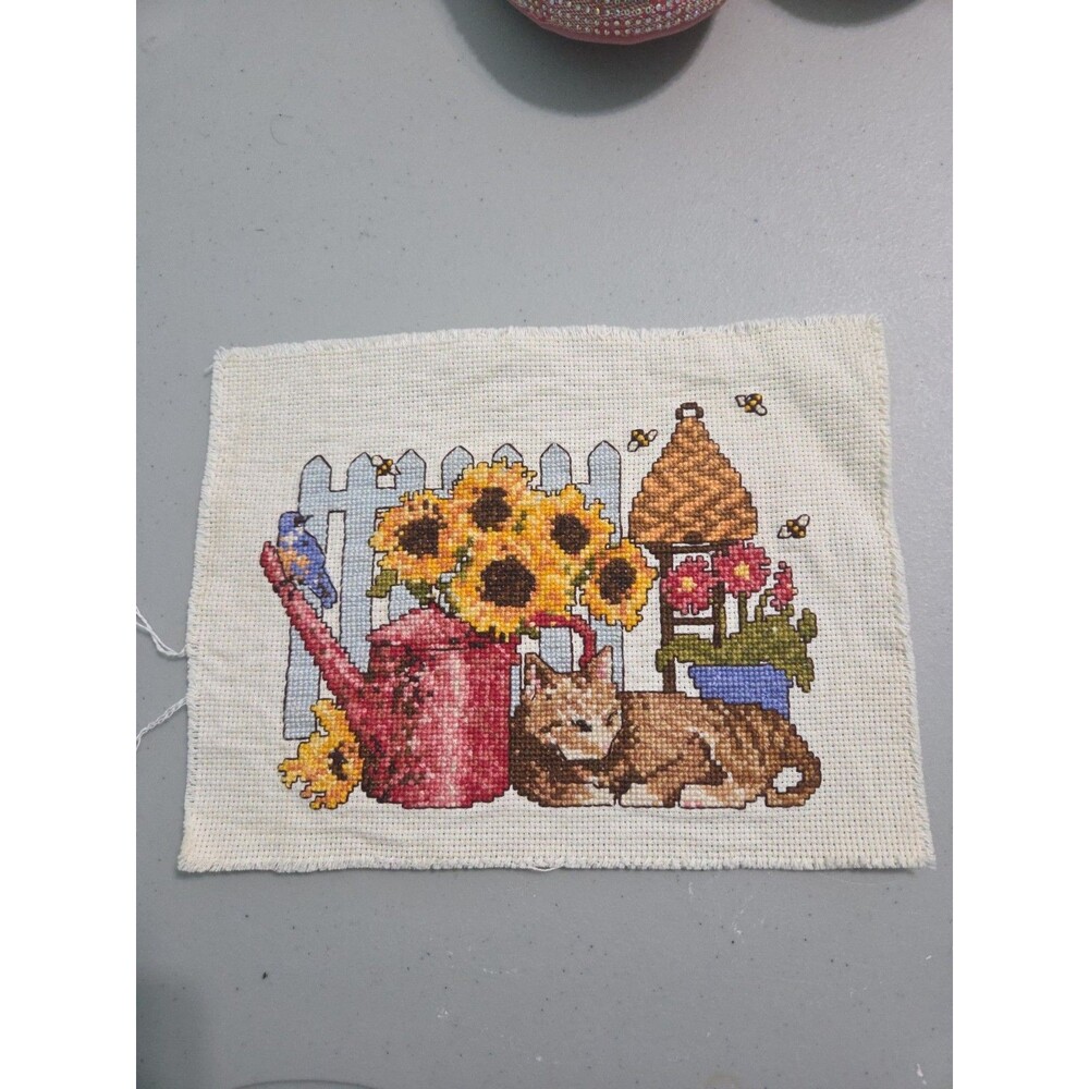 Completed Cross stitch cat sunflowers bees garden